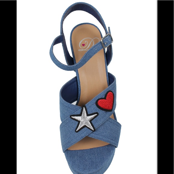 Blue denim patched open toe ankle strap block heel - Picture 3 of 5